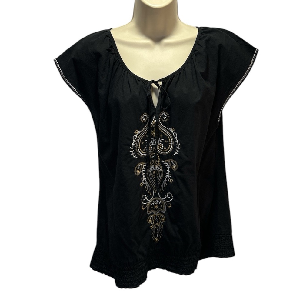 Brina & Em Women's Boho Embroidered Peasant Blouse w/Smocked Waistband Size M
